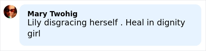 Comment criticizing Lily Allen for her behavior, mentioning disgrace and healing with dignity. Comment criticizing Lily Allen for her behavior, mentioning disgrace and healing with dignity.