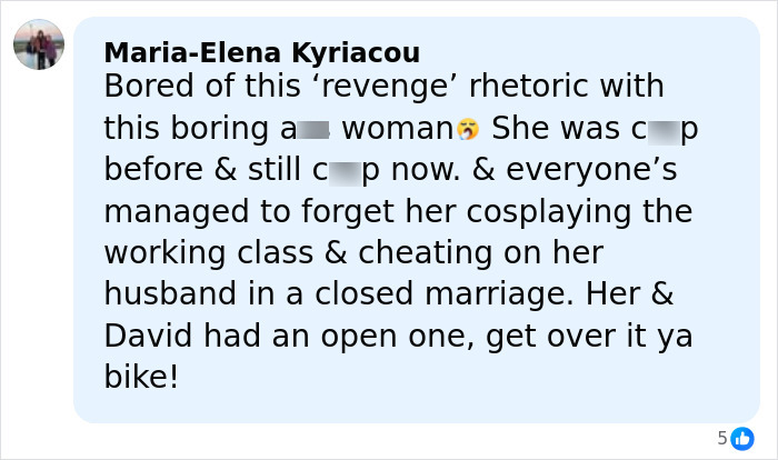 Comment criticizing revenge rhetoric and cheating in a marriage amid continual divorce celebration mentions. Comment criticizing revenge rhetoric and cheating in a marriage amid continual divorce celebration mentions.