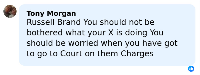 Comment on social media showing Russell Brand's bitter reaction to ex-wife Katy Perry's relationship with Justin Trudeau.