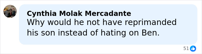 Comment from Cynthia Molak Mercadante questioning Steven Spielberg refusing to work with Ben Affleck after incident with director's son. Comment from Cynthia Molak Mercadante questioning Steven Spielberg refusing to work with Ben Affleck after incident with director's son.