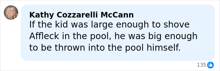 Comment by Kathy Cozzarelli McCann discussing Ben Affleck's incident related to director's son and Steven Spielberg's refusal. Comment by Kathy Cozzarelli McCann discussing Ben Affleck's incident related to director's son and Steven Spielberg's refusal.