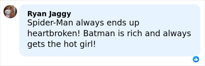 Comment from Ryan Jaggy about Spider-Man and Batman, posted on a social media platform discussing character relationships. Comment from Ryan Jaggy about Spider-Man and Batman, posted on a social media platform discussing character relationships.