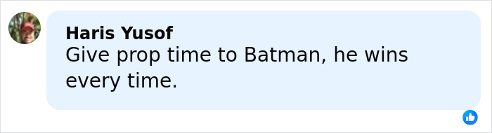 Comment on social media by Haris Yusof praising Batman's consistent winning in discussions. Comment on social media by Haris Yusof praising Batman's consistent winning in discussions.