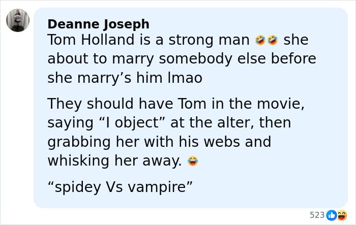Comment discussing Tom Holland and joking about Robert Pattinson and Zendaya's viral engagement ad online. Comment discussing Tom Holland and joking about Robert Pattinson and Zendaya's viral engagement ad online.