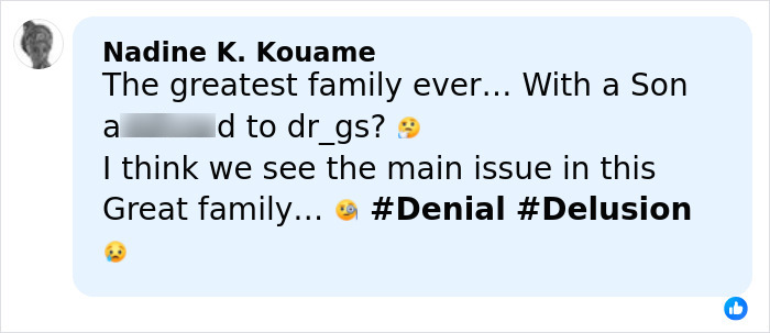 Facebook comment from Nadine K. Kouame expressing skepticism about family issues related to Rob Reiner’s eldest daughter and brother. Facebook comment from Nadine K. Kouame expressing skepticism about family issues related to Rob Reiner’s eldest daughter and brother.