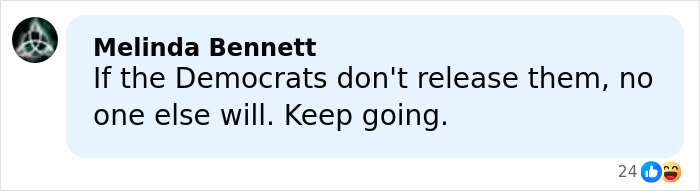 Comment by Melinda Bennett urging Democrats to release new Epstein files revealing photos of women marked with disturbing messages.