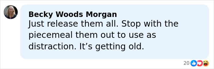Screenshot of social media comment expressing frustration over delayed release of Epstein files showing women marked with disturbing messages.