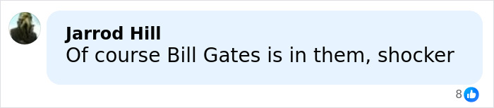 Comment stating Bill Gates is in the new Epstein files revealing photos of women marked with disturbing messages.