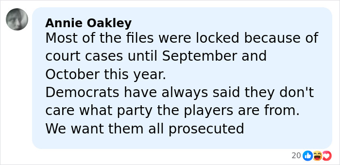 Screenshot of a social media comment discussing court-locked Epstein files and the desire for prosecution of involved women.