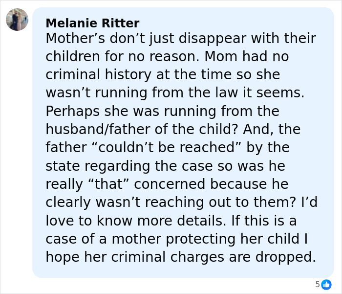 Comment discussing a mother possibly protecting her child in a case of child kidnapped from Kentucky found alive decades later. Comment discussing a mother possibly protecting her child in a case of child kidnapped from Kentucky found alive decades later.