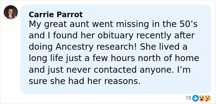 Facebook post from Carrie Parrot sharing a story about a missing relative found after years, related to child kidnapped Kentucky case. Facebook post from Carrie Parrot sharing a story about a missing relative found after years, related to child kidnapped Kentucky case.
