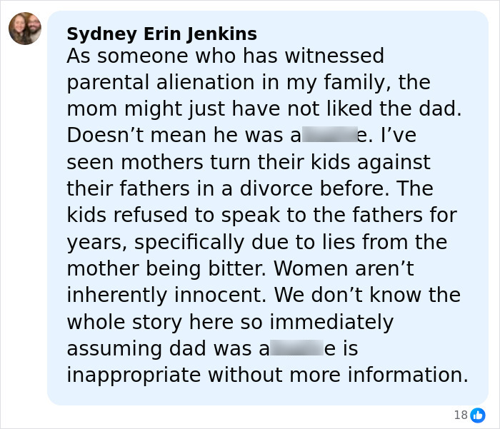 Screenshot of a Facebook comment discussing parental alienation and family issues related to child kidnapping cases. Screenshot of a Facebook comment discussing parental alienation and family issues related to child kidnapping cases.