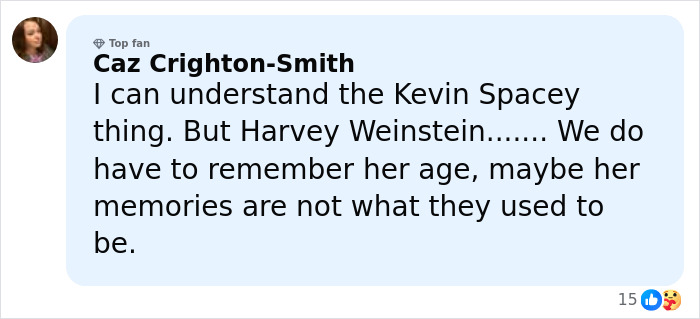 Commenter Caz Crighton-Smith discussing Harvey Weinstein and referencing Dame Judi Dench’s words in a social media post. Commenter Caz Crighton-Smith discussing Harvey Weinstein and referencing Dame Judi Dench’s words in a social media post.