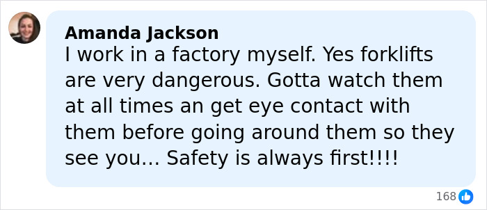 Comment from Amanda Jackson about forklift safety in a factory, emphasizing the dangers and importance of caution and eye contact.