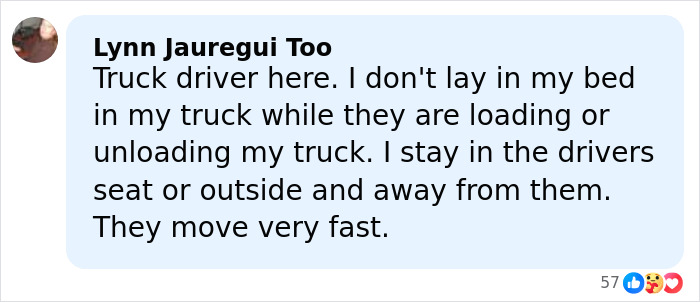 Comment from a truck driver explaining safety precautions to avoid forklift accidents and stay away from moving trucks.