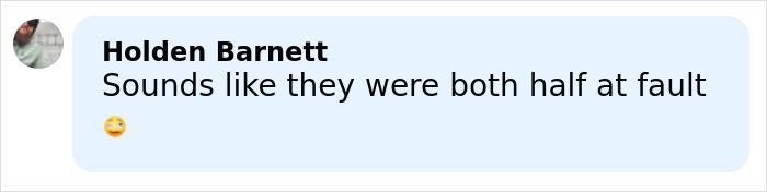 Comment by Holden Barnett on a light blue background, discussing fault in a forklift accident.