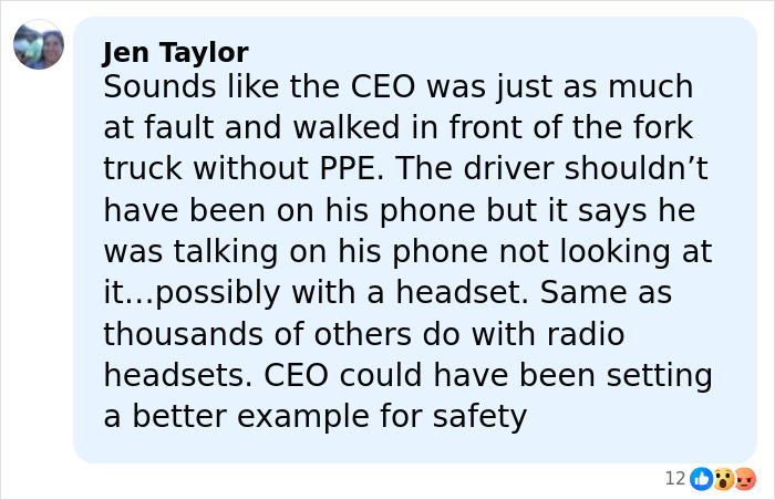Comment discussing forklift accident involving CEO on phone and emphasizing workplace safety and PPE use.