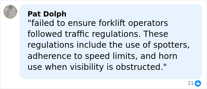 Comment from Pat Dolph about forklift operators and traffic regulations, displayed in a social media style bubble.