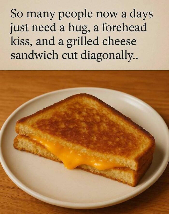 Grilled cheese sandwich on a plate with a quote about hugs and forehead kisses in a stress-relief meme.