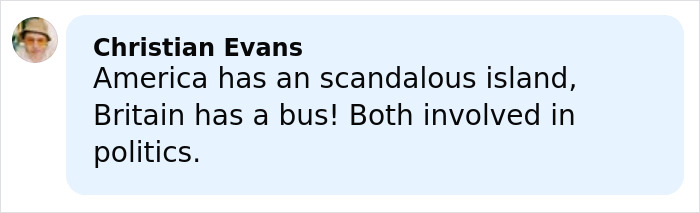 Comment by Christian Evans about America and Britain’s political scandals displayed on a social media platform.