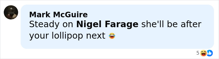 Comment by Mark McGuire mentioning Nigel Farage with a humorous tone related to a lollipop.