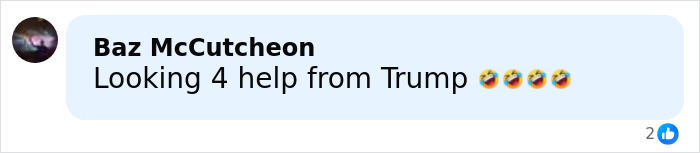 Comment from Baz McCutcheon reading Looking 4 help from Trump with laughing emojis on a social media post discussing Bonnie Blue's fate after controversial video arrest.