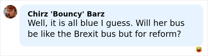 Comment about Bonnie Blue learning her fate after arrest, questioning if her bus will resemble the Brexit bus for reform.