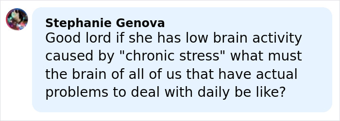 Comment by Stephanie Genova expressing concern about low brain activity linked to chronic stress and its effects on daily problems.