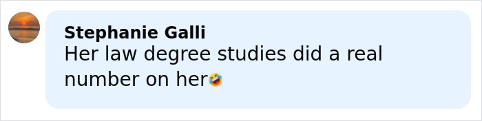 Stephanie Galli commenting on law degree studies impact, expressing humor with a laughing emoji. Stephanie Galli commenting on law degree studies impact, expressing humor with a laughing emoji.