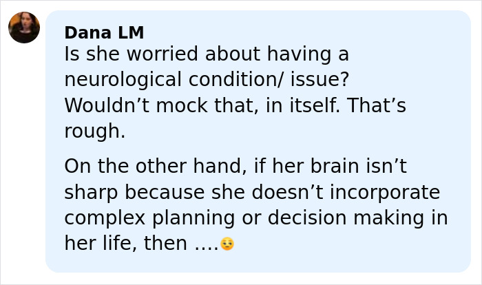 Comment discussing concerns about neurological condition and low brain activity related to Kim Kardashian’s struggle to accept scan results.