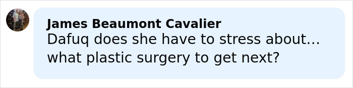 Comment text on a social media post expressing frustration about plastic surgery choices. Comment text on a social media post expressing frustration about plastic surgery choices.