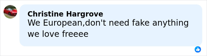 Comment by Christine Hargrove expressing a view on European authenticity and dislike of fakery in a social media post.
