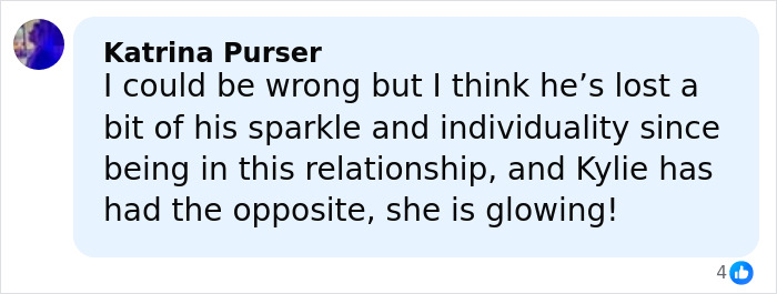 Comment from Katrina Purser discussing Timothée Chalamet and Kylie Jenner’s relationship and fan reactions. Comment from Katrina Purser discussing Timothée Chalamet and Kylie Jenner’s relationship and fan reactions.