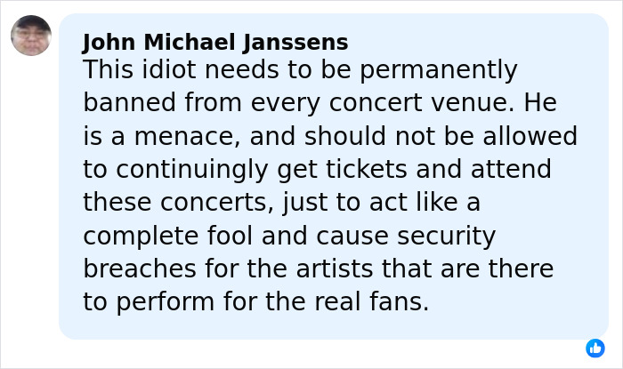 Comment criticizing a man jailed for attacking Ariana Grande and causing trouble at Lady Gaga’s concert.