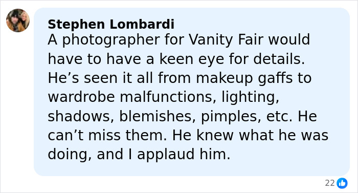 Comment praising Vanity Fair photographer’s attention to details defending Karoline Leavitt’s close-up photo. Comment praising Vanity Fair photographer’s attention to details defending Karoline Leavitt’s close-up photo.
