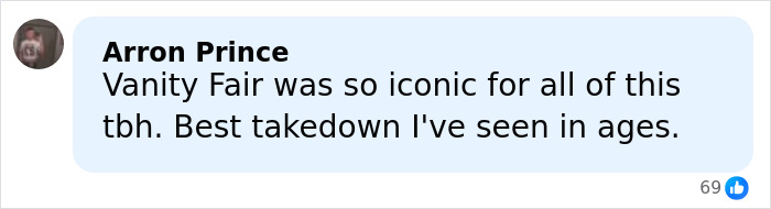 Comment from Arron Prince praising Vanity Fair's takedown over Karoline Leavitt's close-up and lip filler marks mockery. Comment from Arron Prince praising Vanity Fair's takedown over Karoline Leavitt's close-up and lip filler marks mockery.