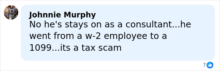 Comment from Johnnie Murphy discussing a tax scam related to consultant status and employment changes. Comment from Johnnie Murphy discussing a tax scam related to consultant status and employment changes.