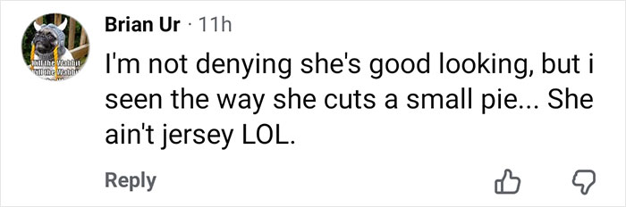 Comment praising 21-year-old pizza maker's skills and appearance, mentioning she is not from New Jersey.