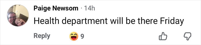 Comment on social media about health department arriving Friday, showing a smiling reaction emoji and 9 likes. Comment on social media about health department arriving Friday, showing a smiling reaction emoji and 9 likes.