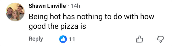 Facebook comment by Shawn Linville discussing the 21-year-old pizza maker going viral and fans debating looks.