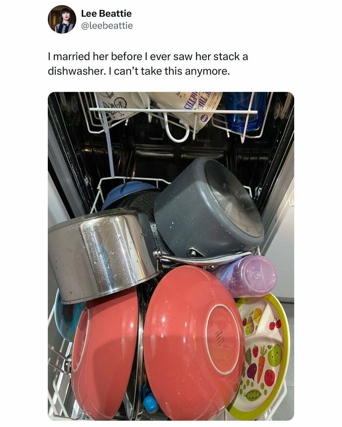 A humorous food meme showing a poorly stacked dishwasher with pots, bowls, and colorful plates inside.