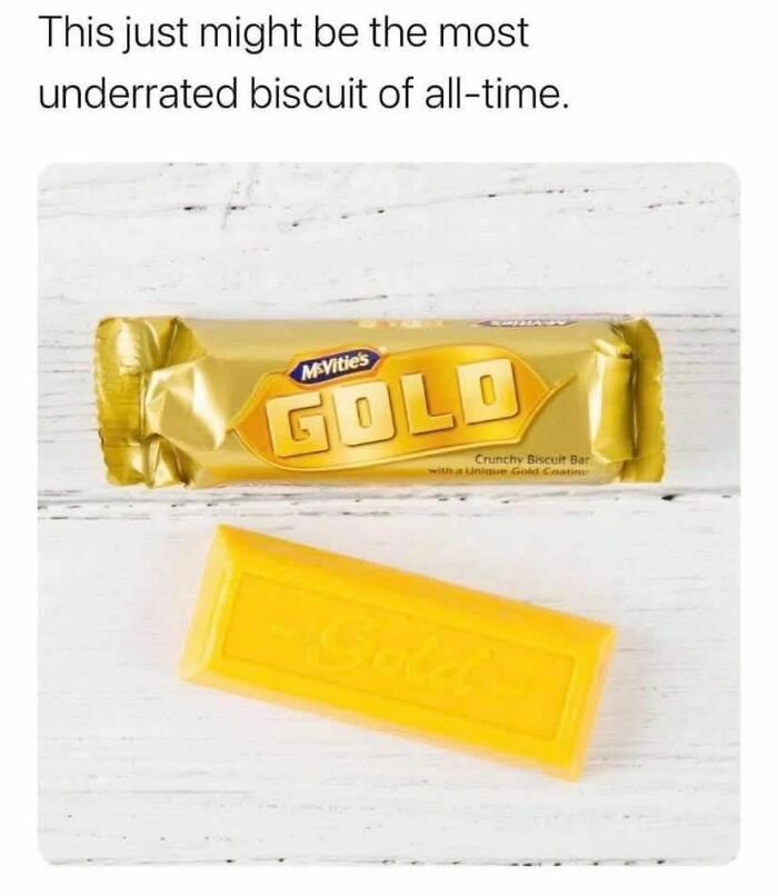 Underrated McVitie's Gold biscuit bar displayed with packaging and text in a funny food meme.