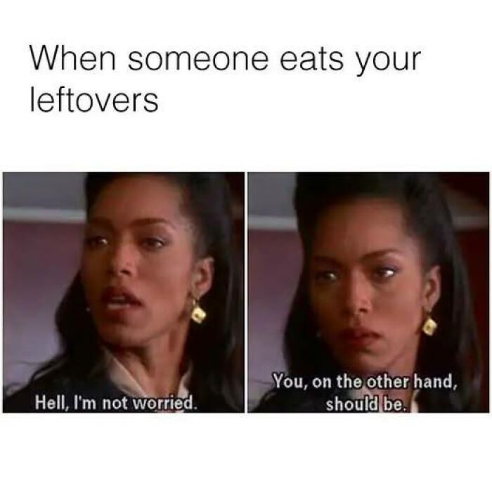 Woman reacting to food meme about someone eating your leftovers, featuring hilarious food meme humor and expressions.