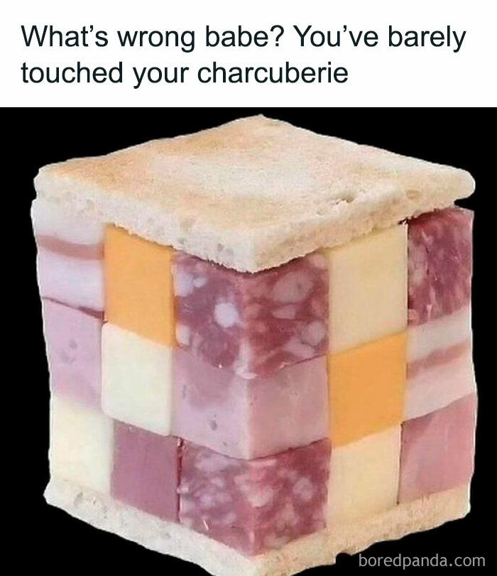 Cubed sandwich made of charcuterie and cheese with caption about barely touching food, a funny food meme.