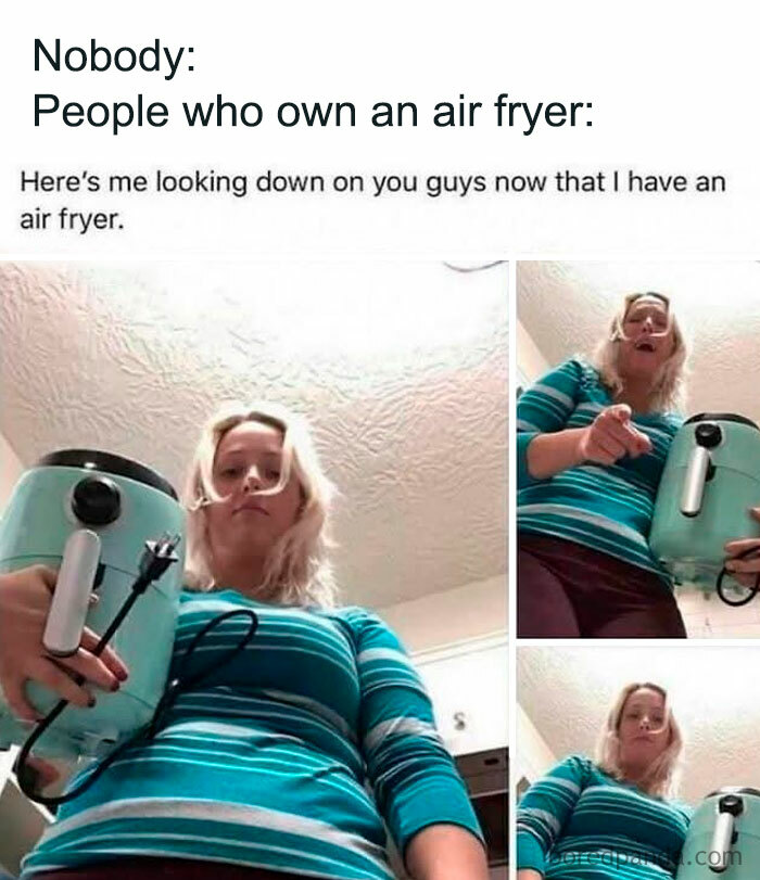 Woman looking down holding an air fryer in a funny food meme related to 63 hilarious food memes for dinner wait time.