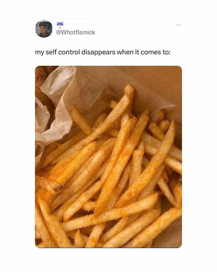 Funny food meme showing seasoned French fries with a caption about losing self control around food.