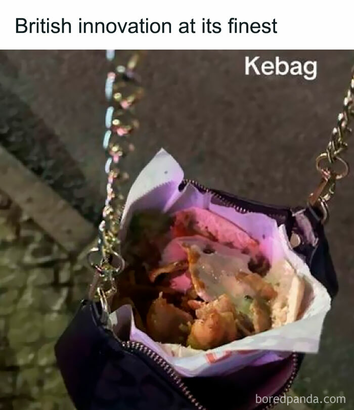 Small handbag filled with kebab, showcasing a humorous take on food memes and British food innovation.