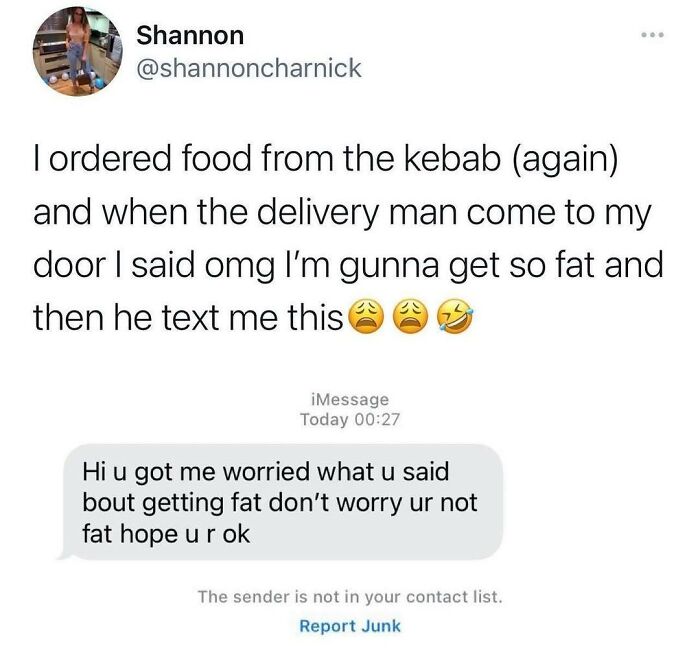 Text conversation meme about food delivery and worry about getting fat, part of hilarious food memes collection.