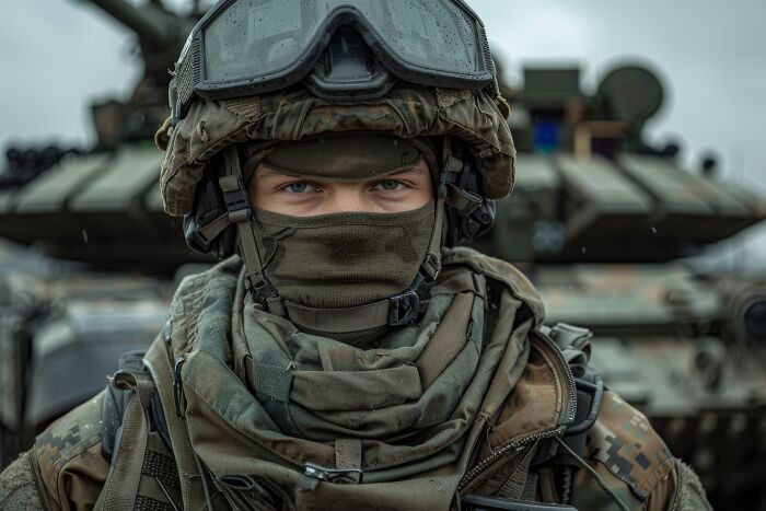 Soldier wearing camouflage gear and protective goggles standing in front of a military tank on a rainy day, illustrating crazy facts shared online.