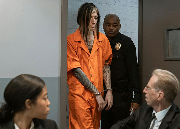 Inmate in orange prison uniform escorted by guard, surrounded by people in formal attire discussing prison life facts.